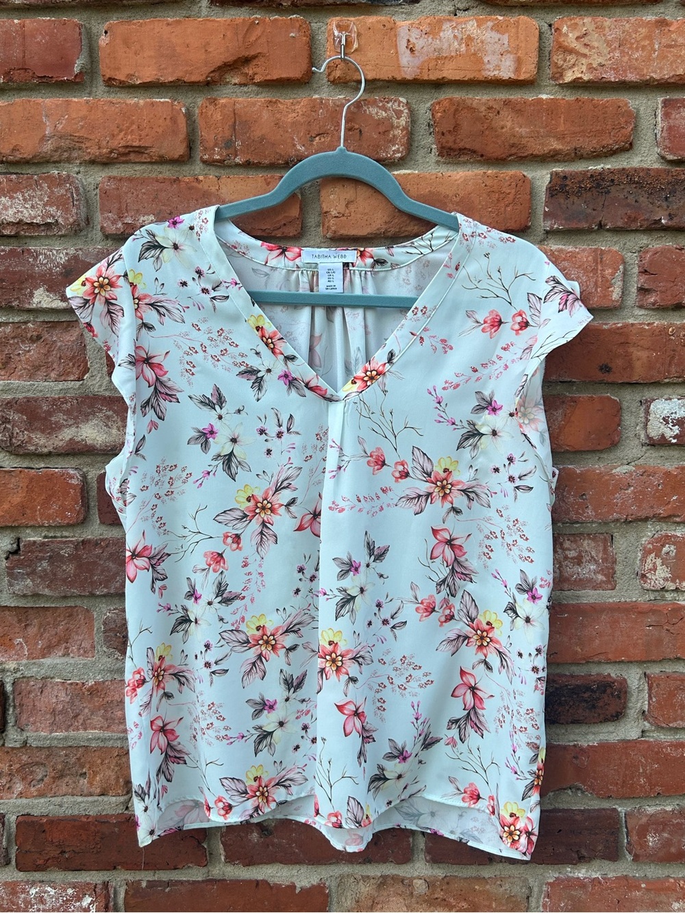 Tabitha Webb Robins Egg Blue Floral V-Neck Flutter Sleeve Blouse L